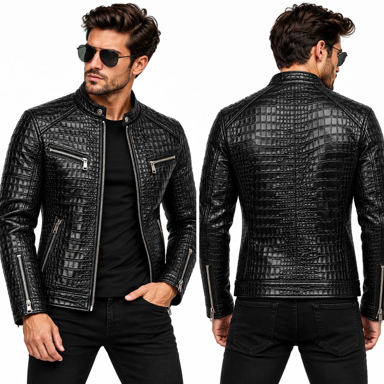 Men's Black Crocodile Embossed Leather Jacket - Image 6