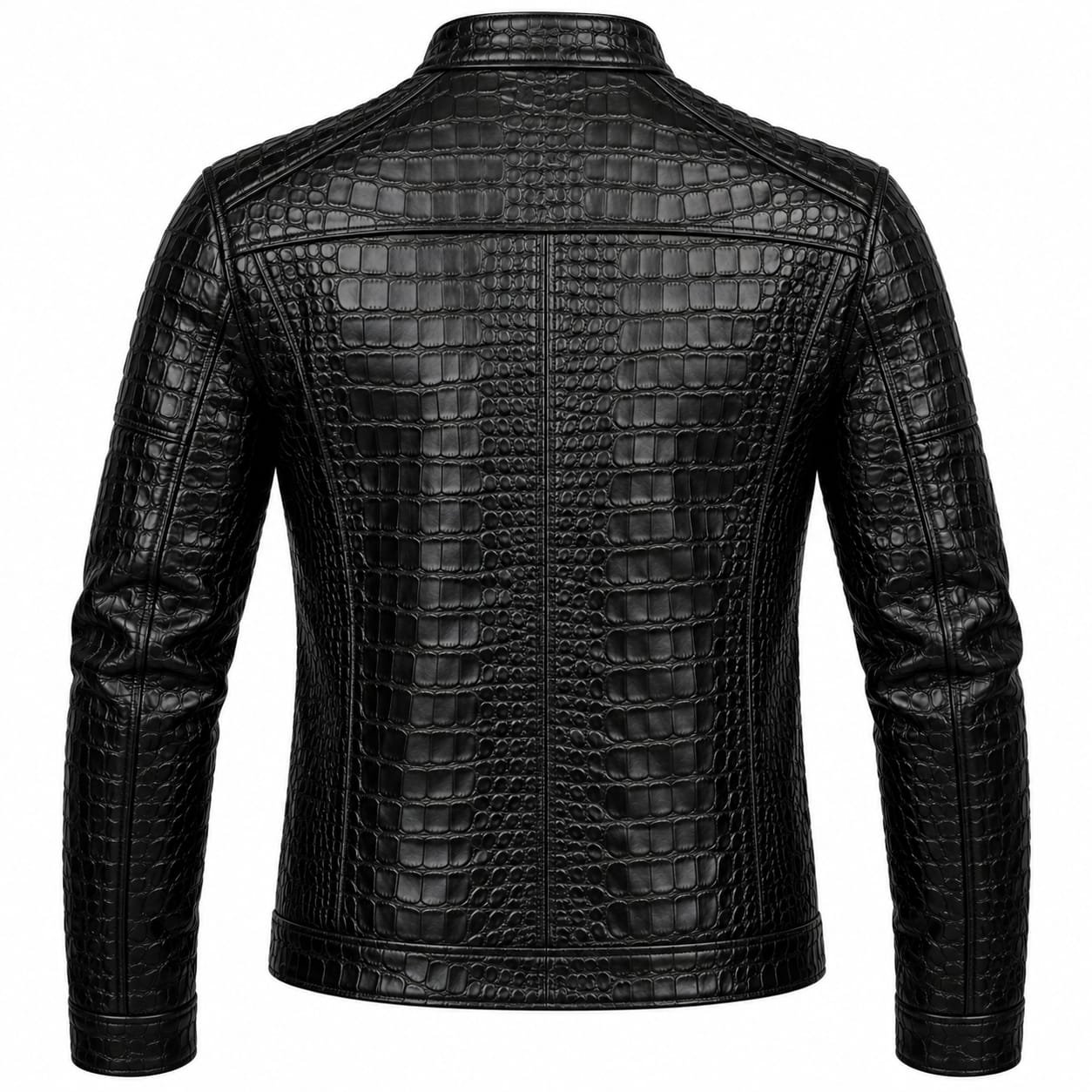 black leather jacket, crocodile jacket, embossed leather, mens biker jacket, black biker jacket, cafe racer jacket, mens leatherwear, luxury leather jacket, slim fit jacket, zip up jacket, textured leather, mens streetwear, designer jacket