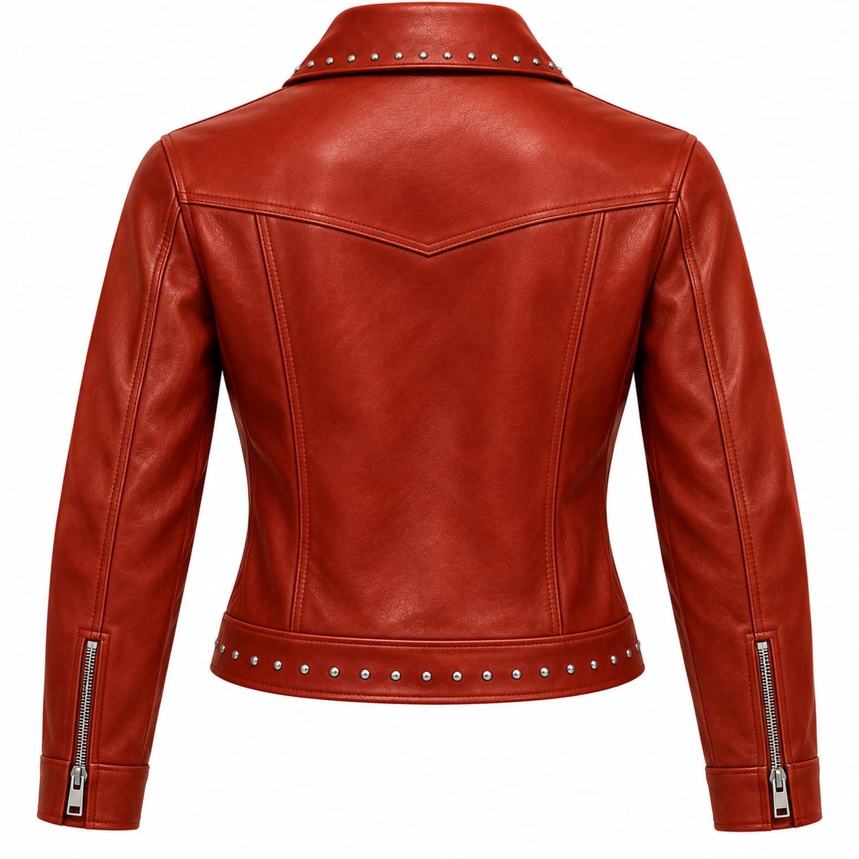 Women's red leather jacket with silver studded collar, front zipper, angled pockets and studded hem
