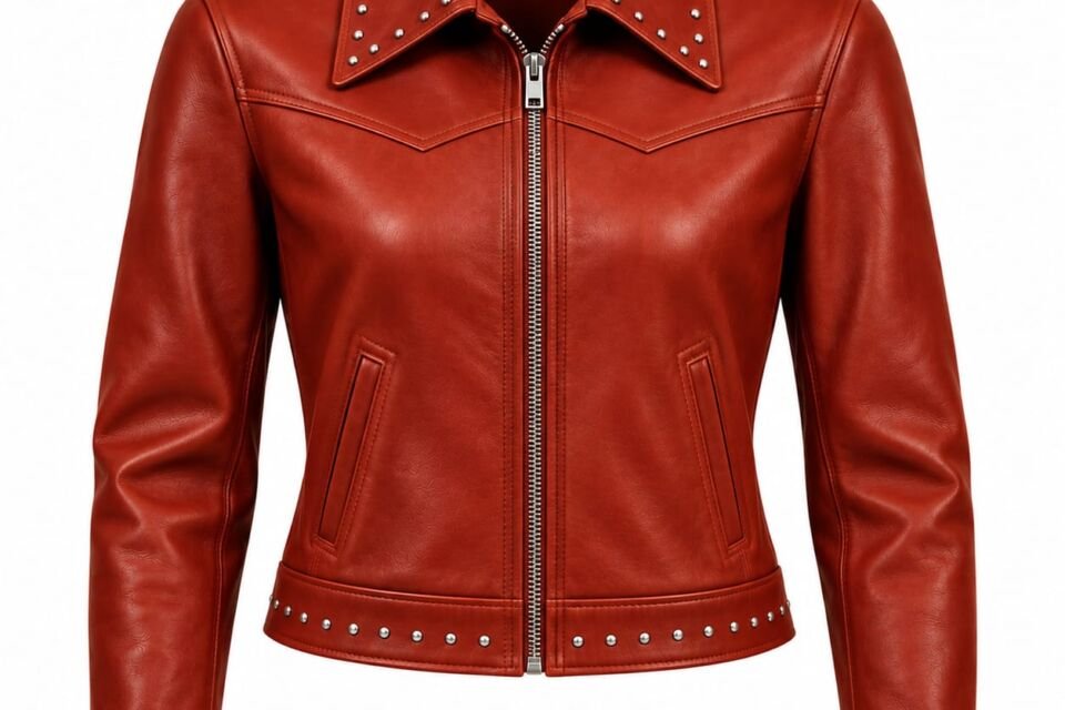 Women's red leather jacket with silver studded collar, front zipper, angled pockets and studded hem