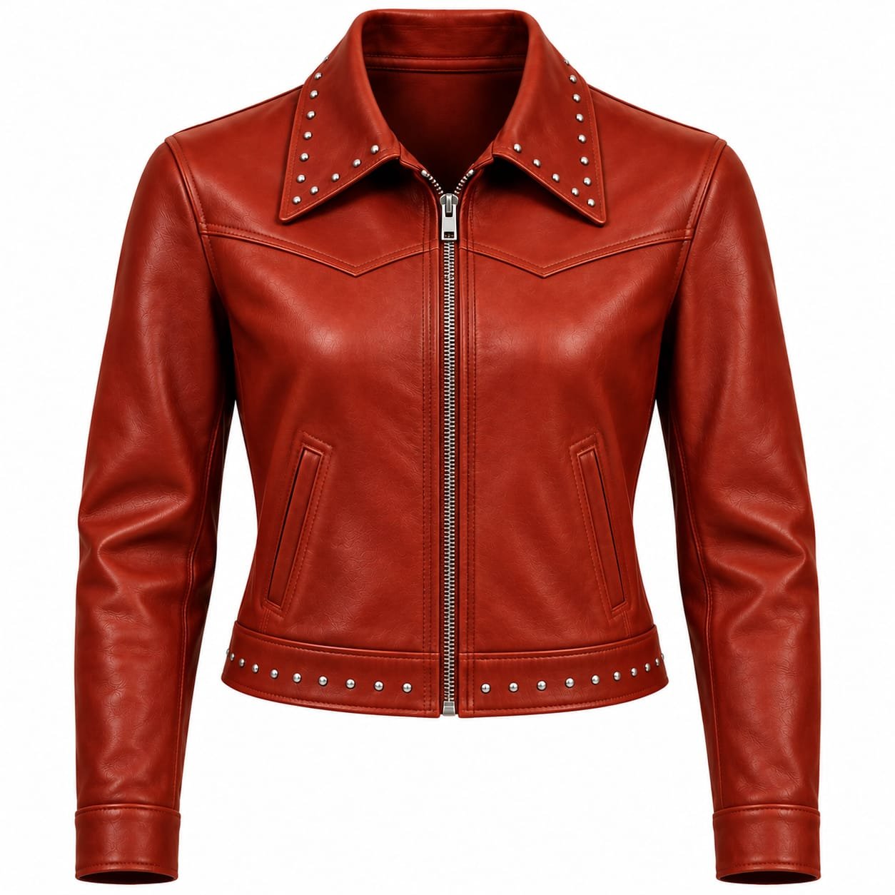 Women's red leather jacket with silver studded collar, front zipper, angled pockets and studded hem