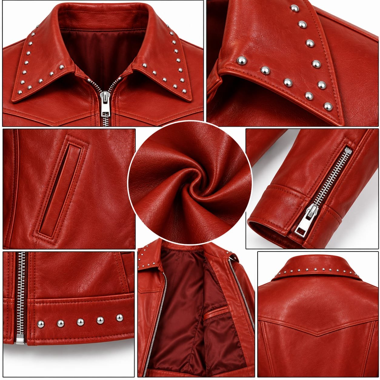 Women's red leather jacket with silver studded collar, front zipper, angled pockets and studded hem