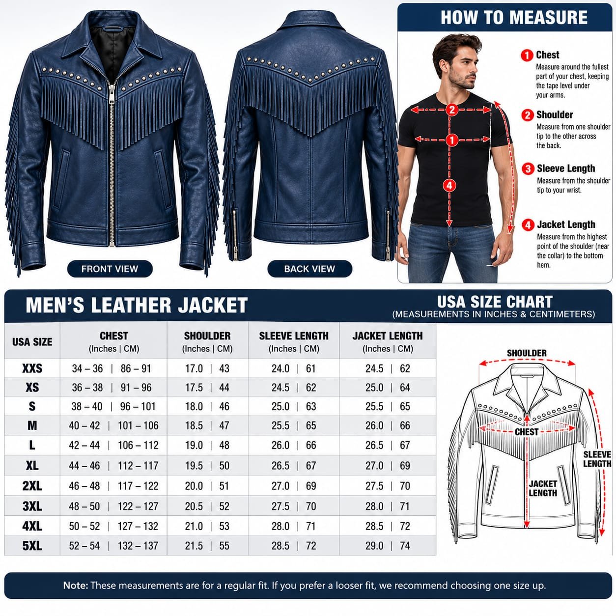 Navy blue fringed leather jacket for men with studded Western design