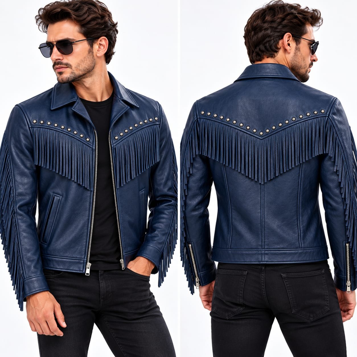 Navy blue fringed leather jacket for men with studded Western design