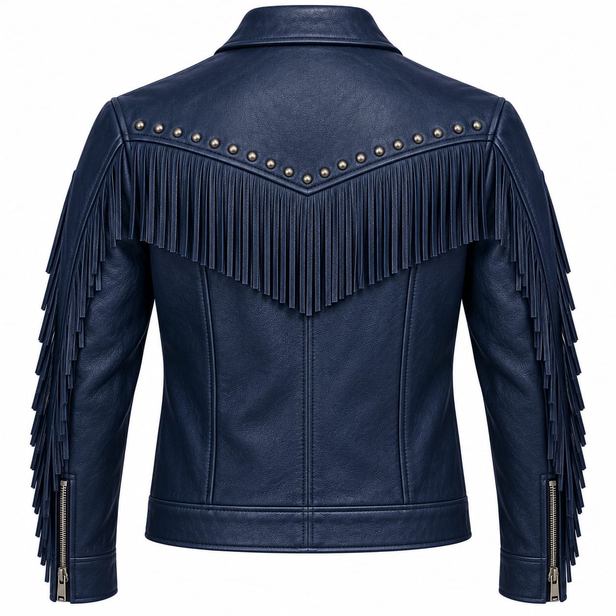 Navy blue fringed leather jacket for men with studded Western design