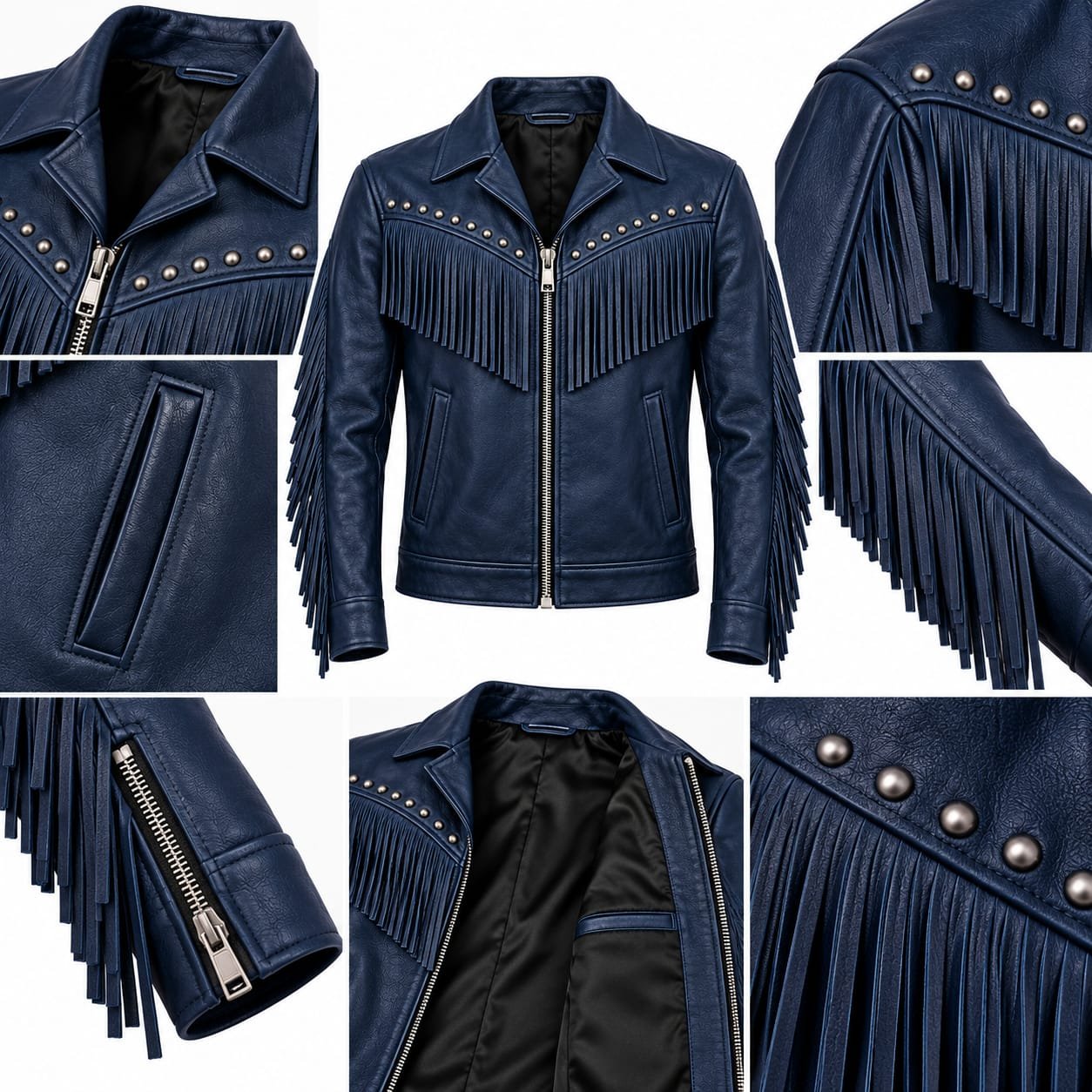 Navy blue fringed leather jacket for men with studded Western design