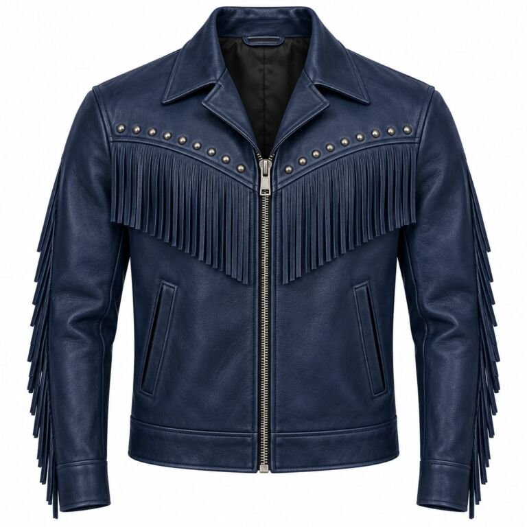Navy blue fringed leather jacket for men with studded Western design