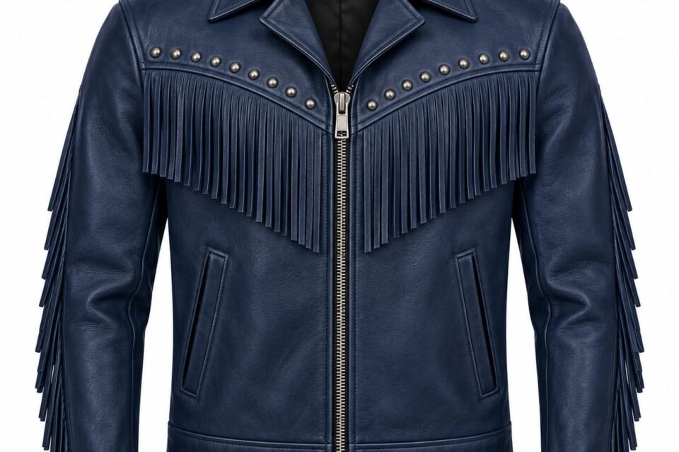 Navy blue fringed leather jacket for men with studded Western design