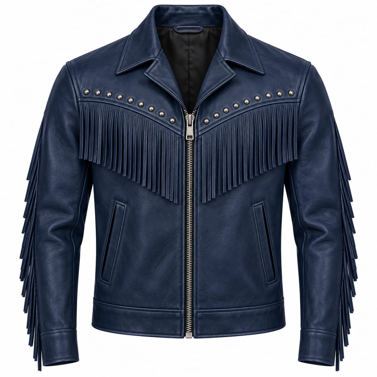Navy blue fringed leather jacket for men with studded Western design