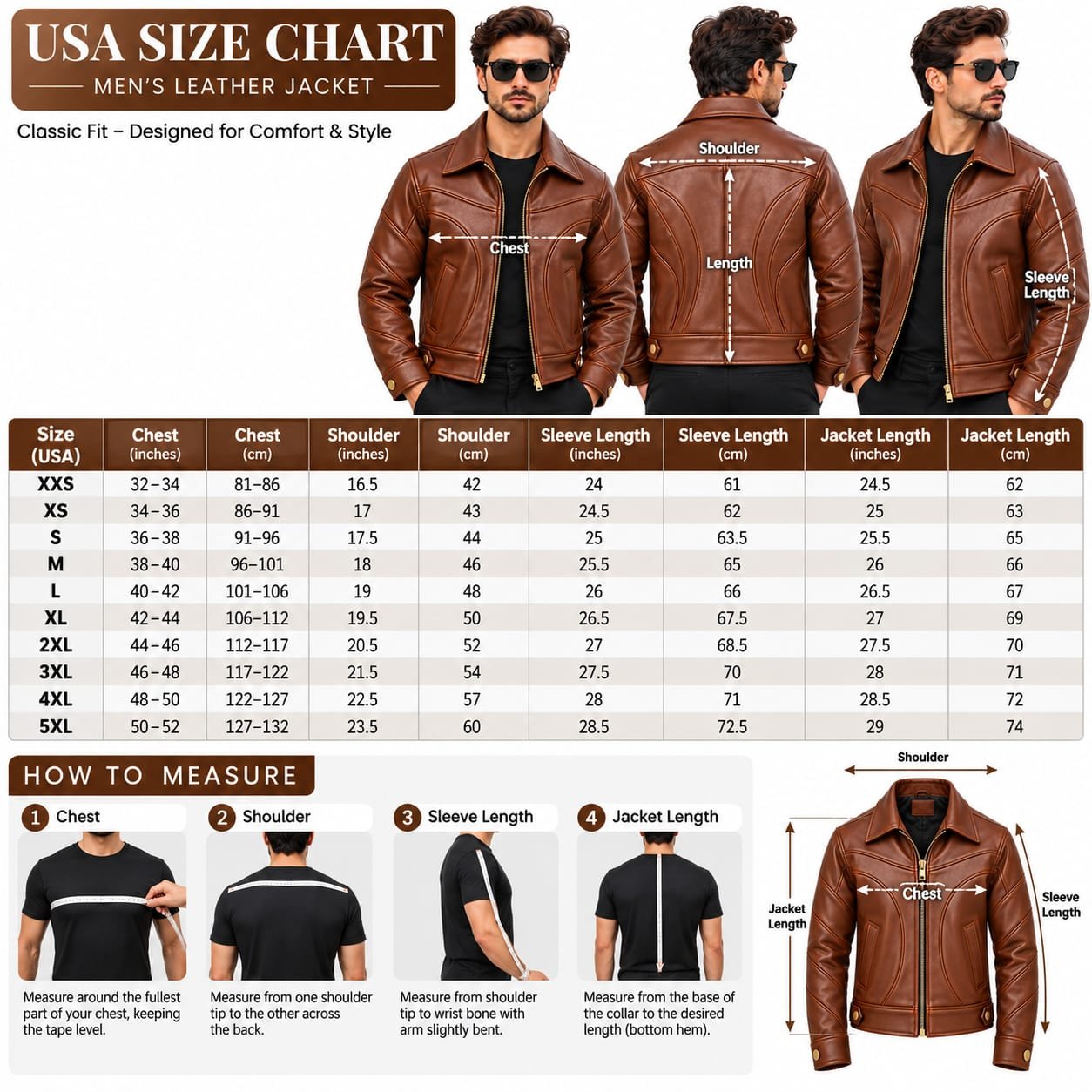 Men’s brown leather jacket with zip front, curved panel stitching and snap-button cuffs