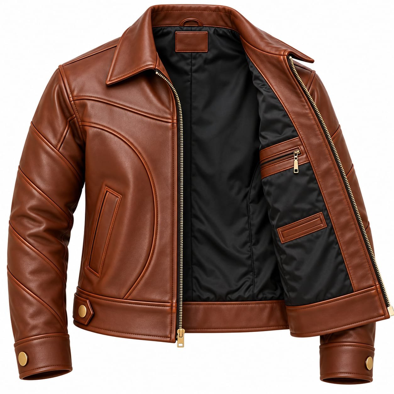 Men’s brown leather jacket with zip front, curved panel stitching and snap-button cuffs