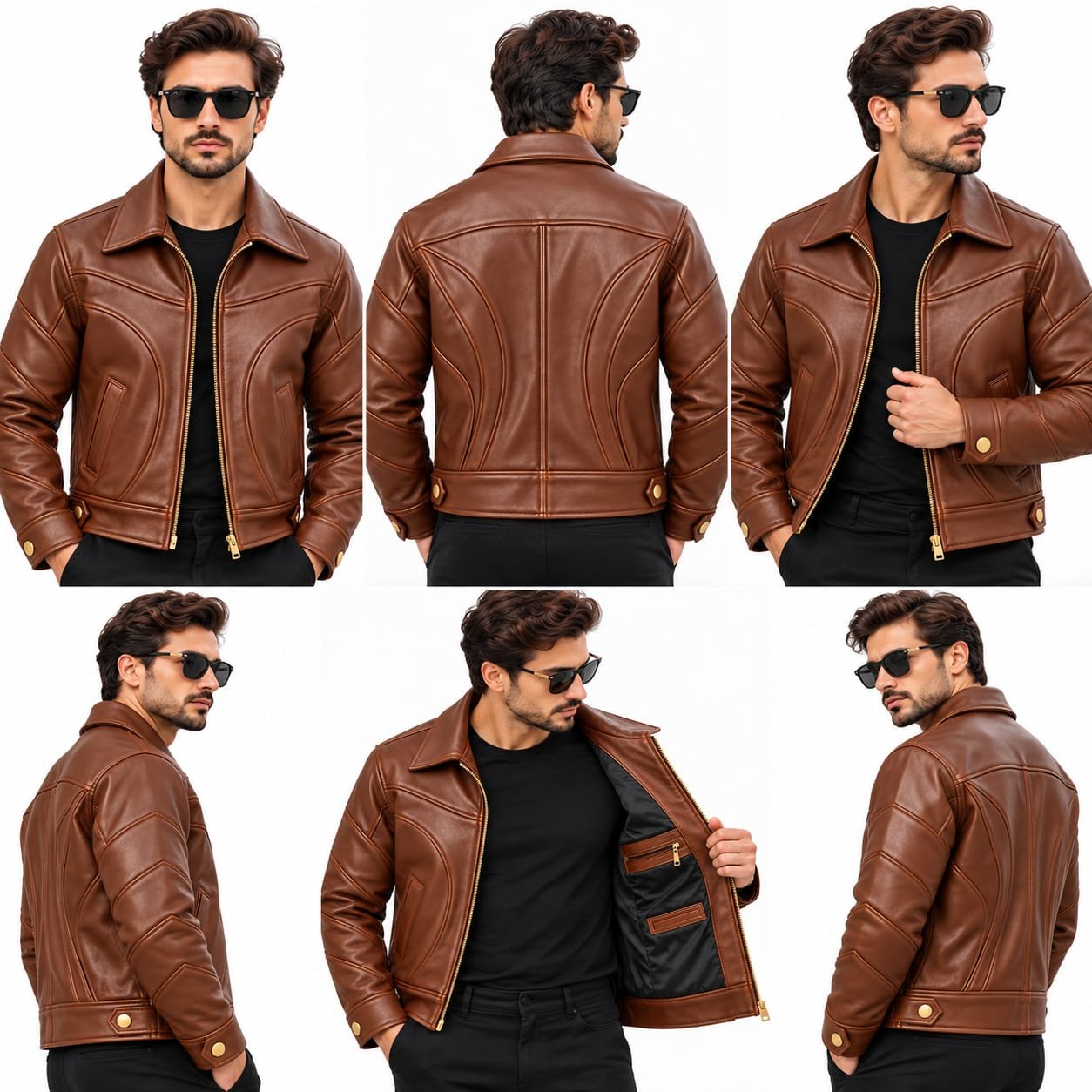 Men’s brown leather jacket with zip front, curved panel stitching and snap-button cuffs