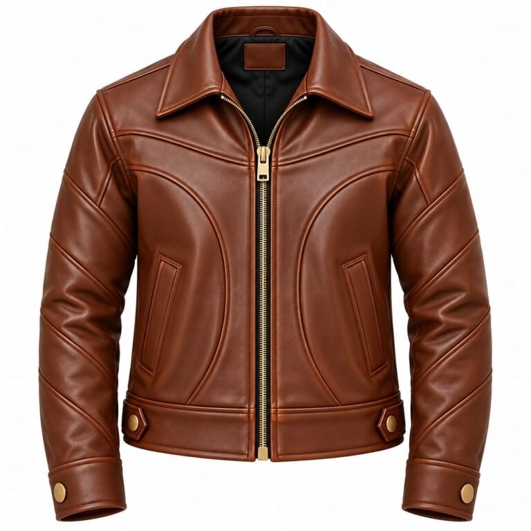 Men’s brown leather jacket with zip front, curved panel stitching and snap-button cuffs