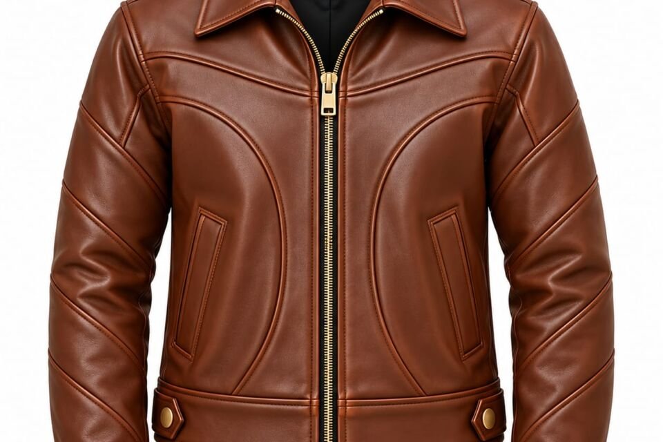 Men’s brown leather jacket with zip front, curved panel stitching and snap-button cuffs
