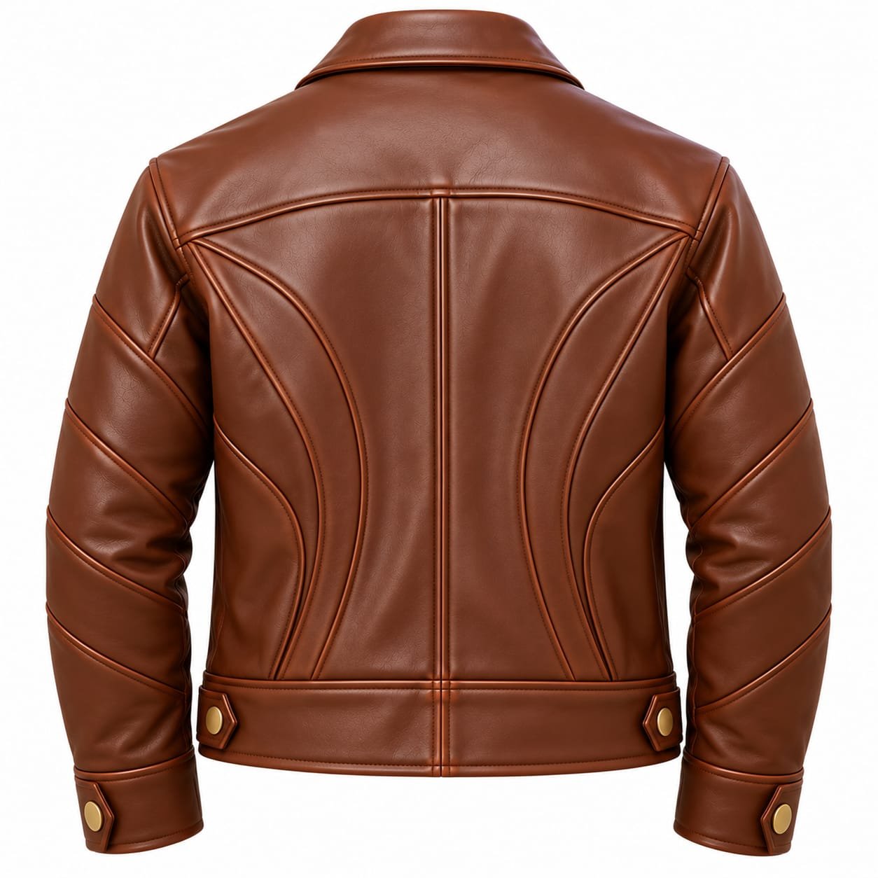 Men’s brown leather jacket with zip front, curved panel stitching and snap-button cuffs