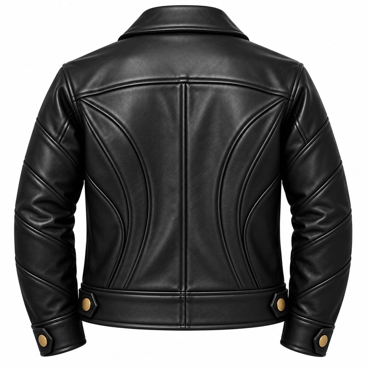 Men’s black leather biker jacket with gold zipper, structured panel stitching and button details on white background.