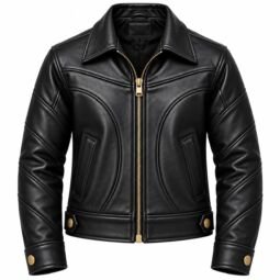 Menโs black leather biker jacket with gold zipper, structured panel stitching and button details on white background.