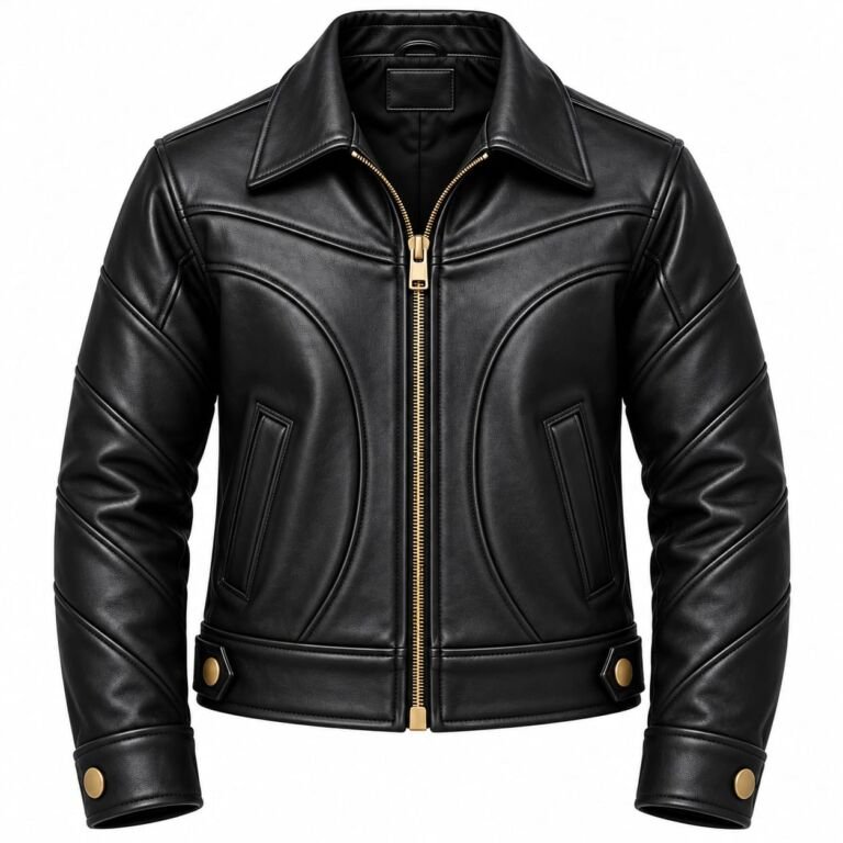 Men’s black leather biker jacket with gold zipper, structured panel stitching and button details on white background.