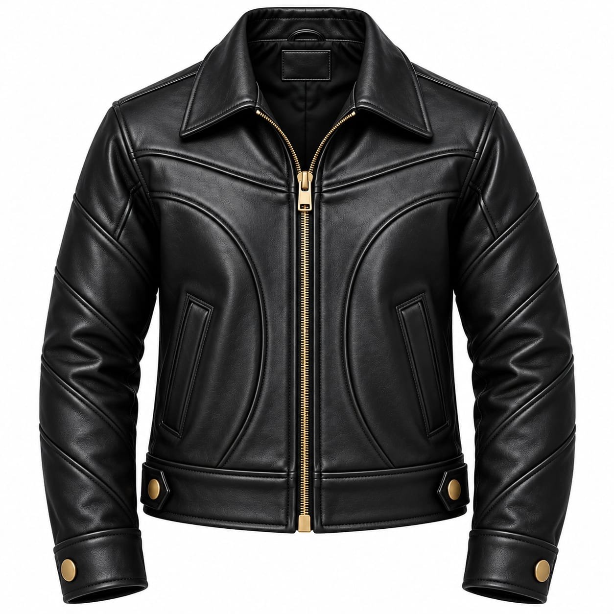 Men’s black leather biker jacket with gold zipper, structured panel stitching and button details on white background.