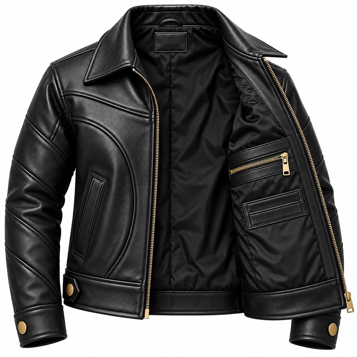 Men’s black leather biker jacket with gold zipper, structured panel stitching and button details on white background.
