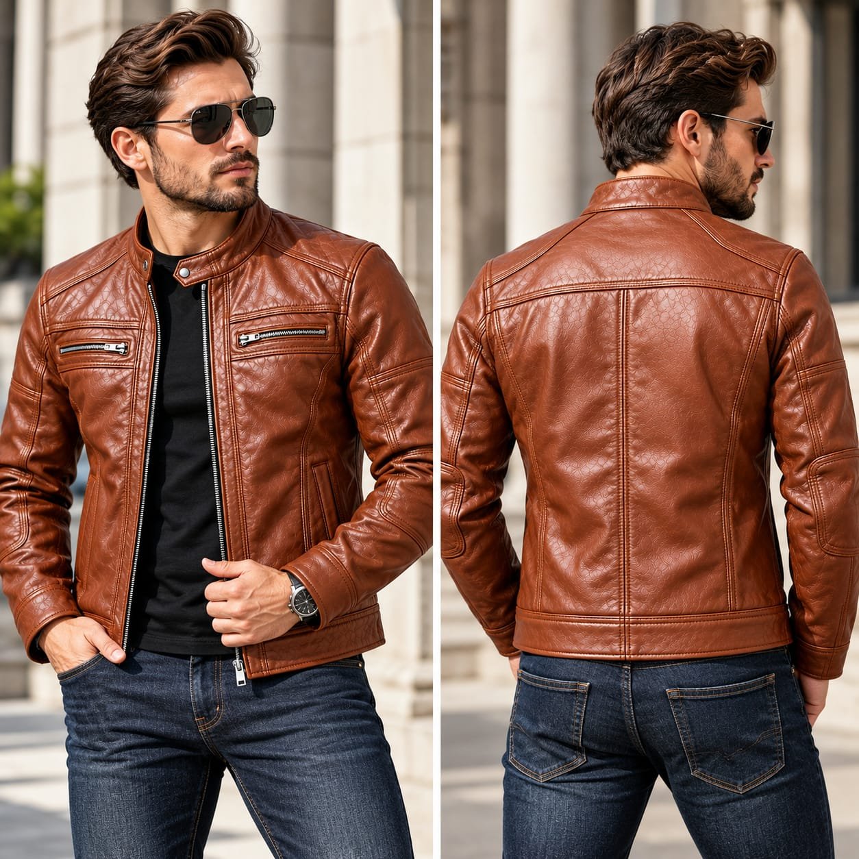 Men’s brown embossed leather jacket front view with zip pockets