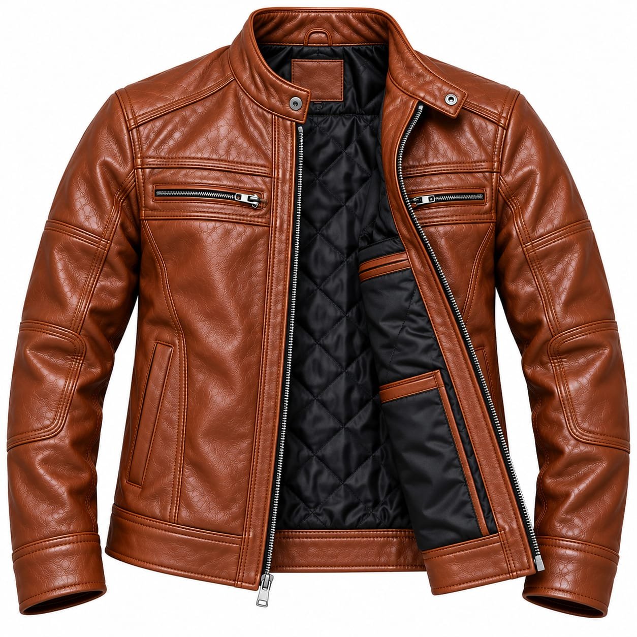 Men’s brown embossed leather jacket front view with zip pockets