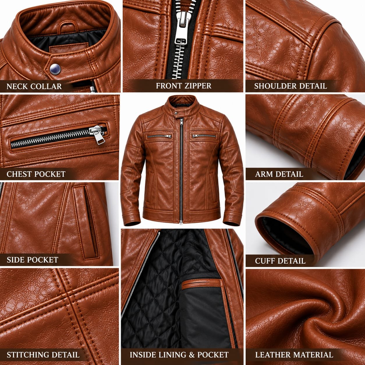 Men’s brown embossed leather jacket front view with zip pockets