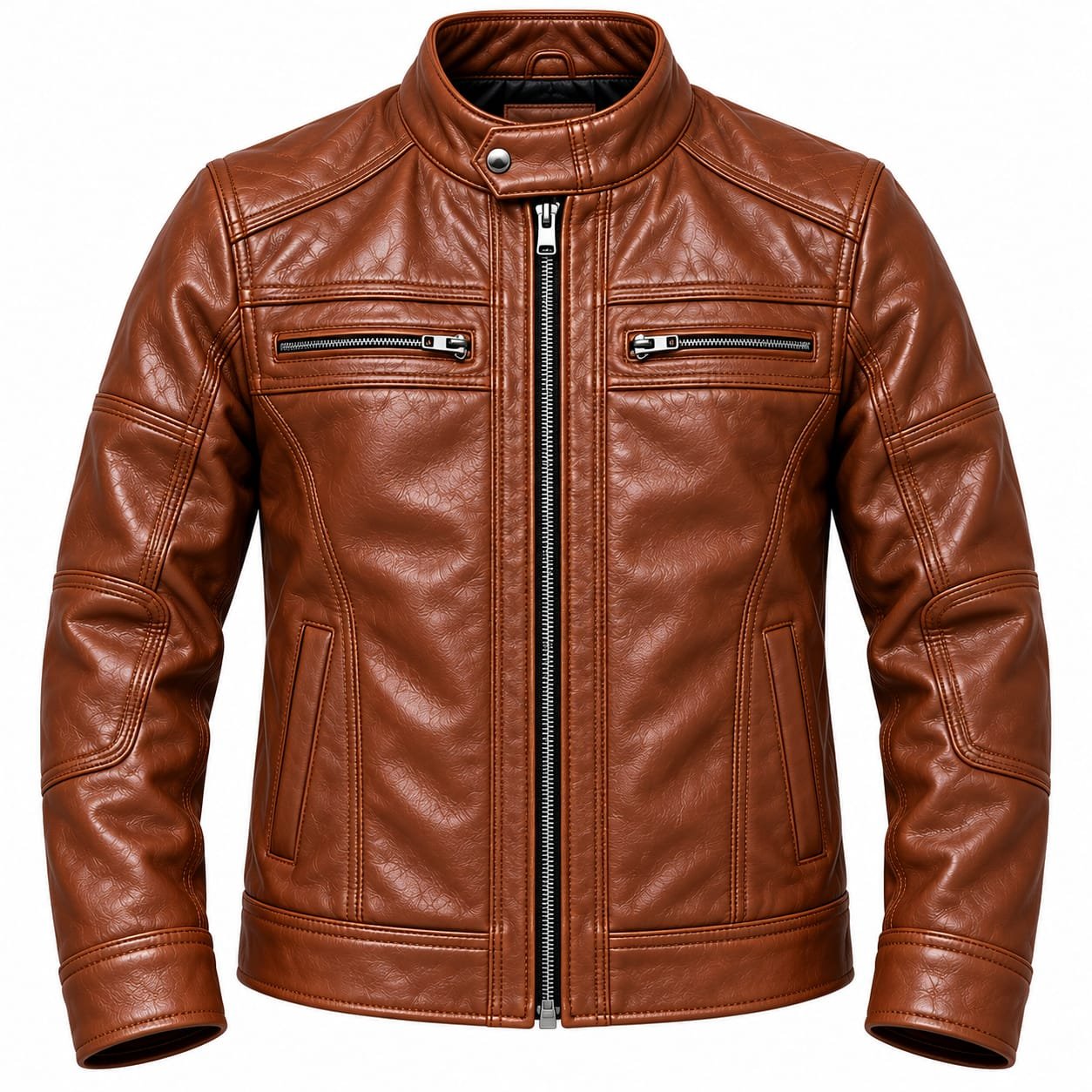 Men’s brown embossed leather jacket front view with zip pockets