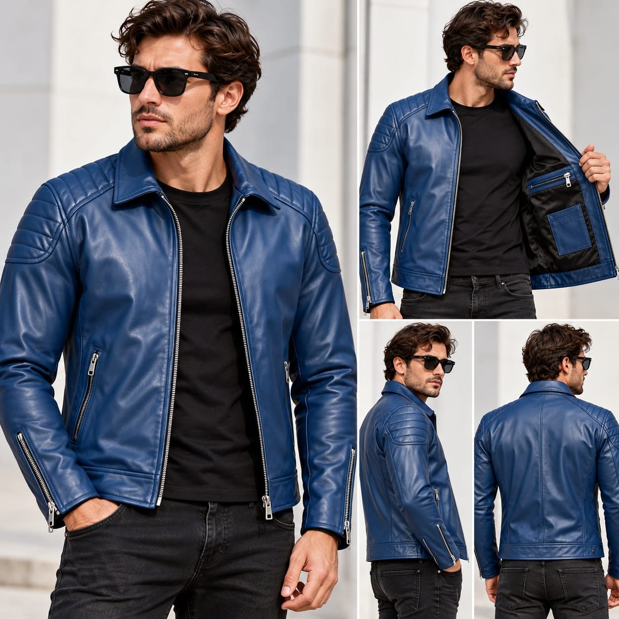 Men’s blue leather biker jacket with quilted shoulder detailing