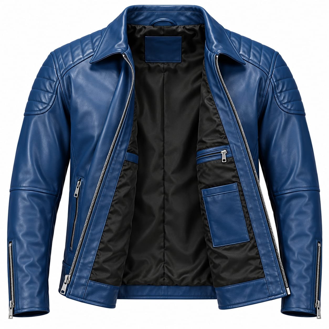 Men’s Blue Leather Biker Jacket | Quilted Shoulder Motorcycle Jacket - Image 3