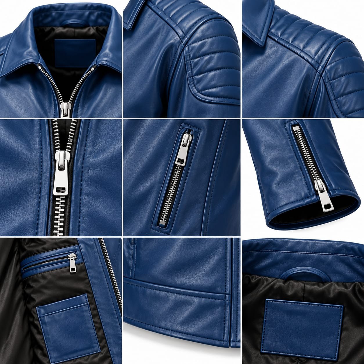 Men’s Blue Leather Biker Jacket | Quilted Shoulder Motorcycle Jacket - Image 4