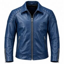 Men’s blue leather biker jacket with quilted shoulder detailing