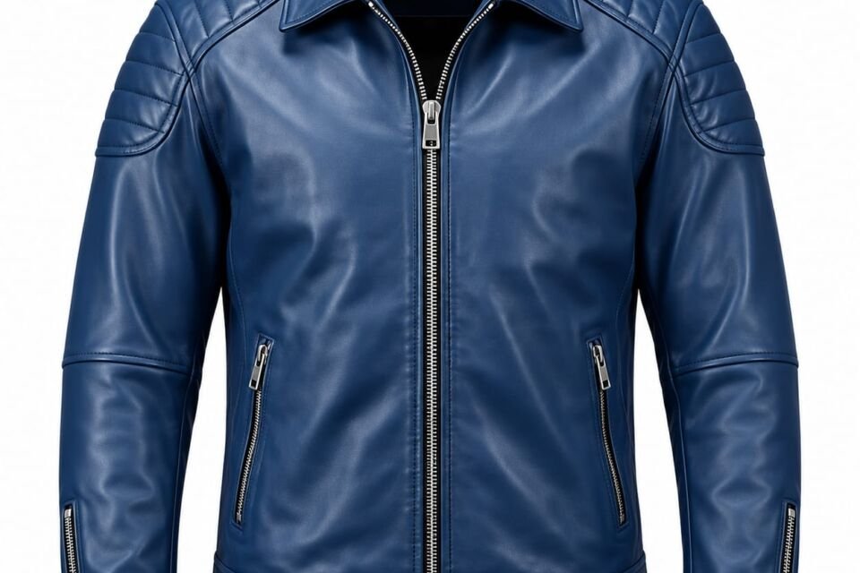 Men’s blue leather biker jacket with quilted shoulder detailing