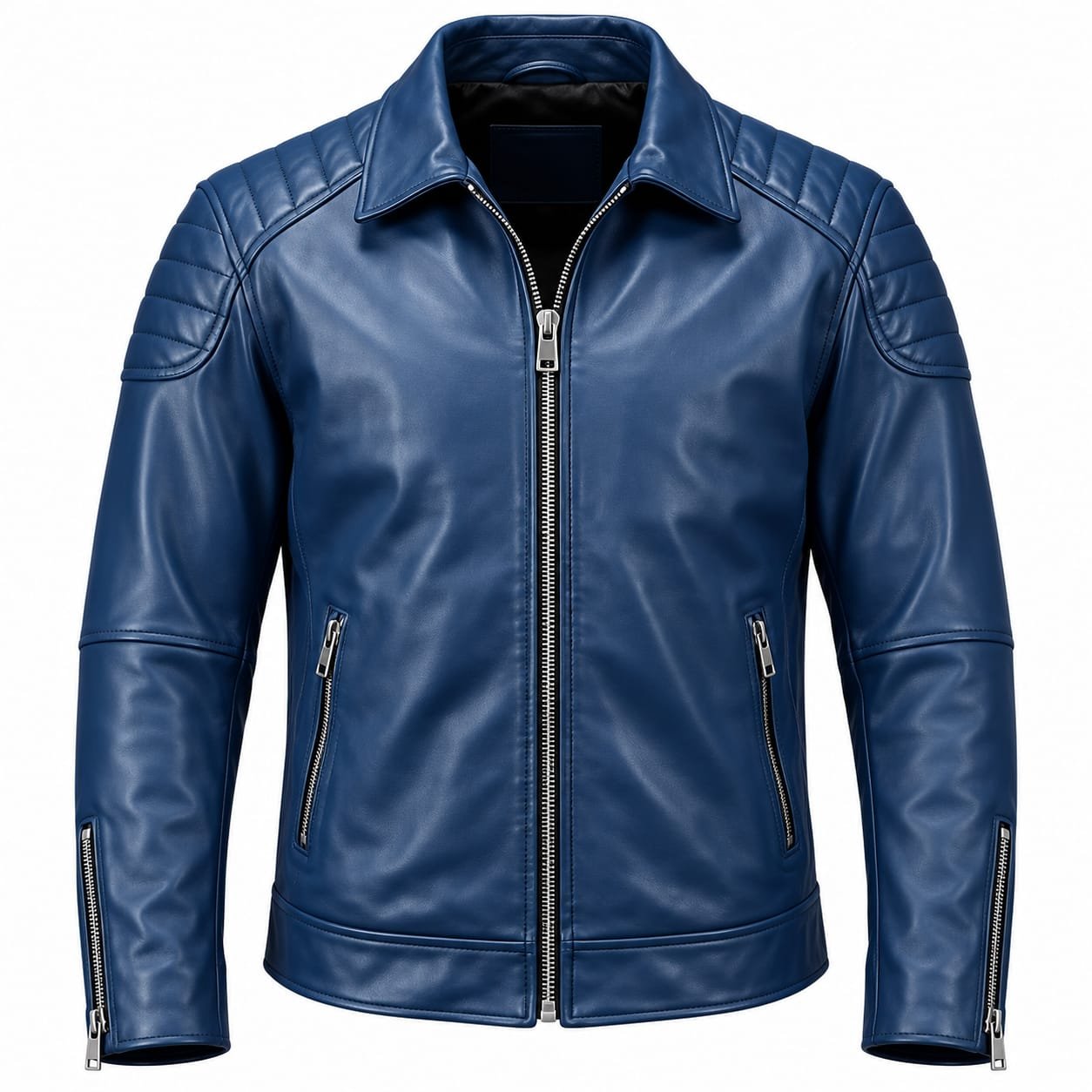 Men’s blue leather biker jacket with quilted shoulder detailing