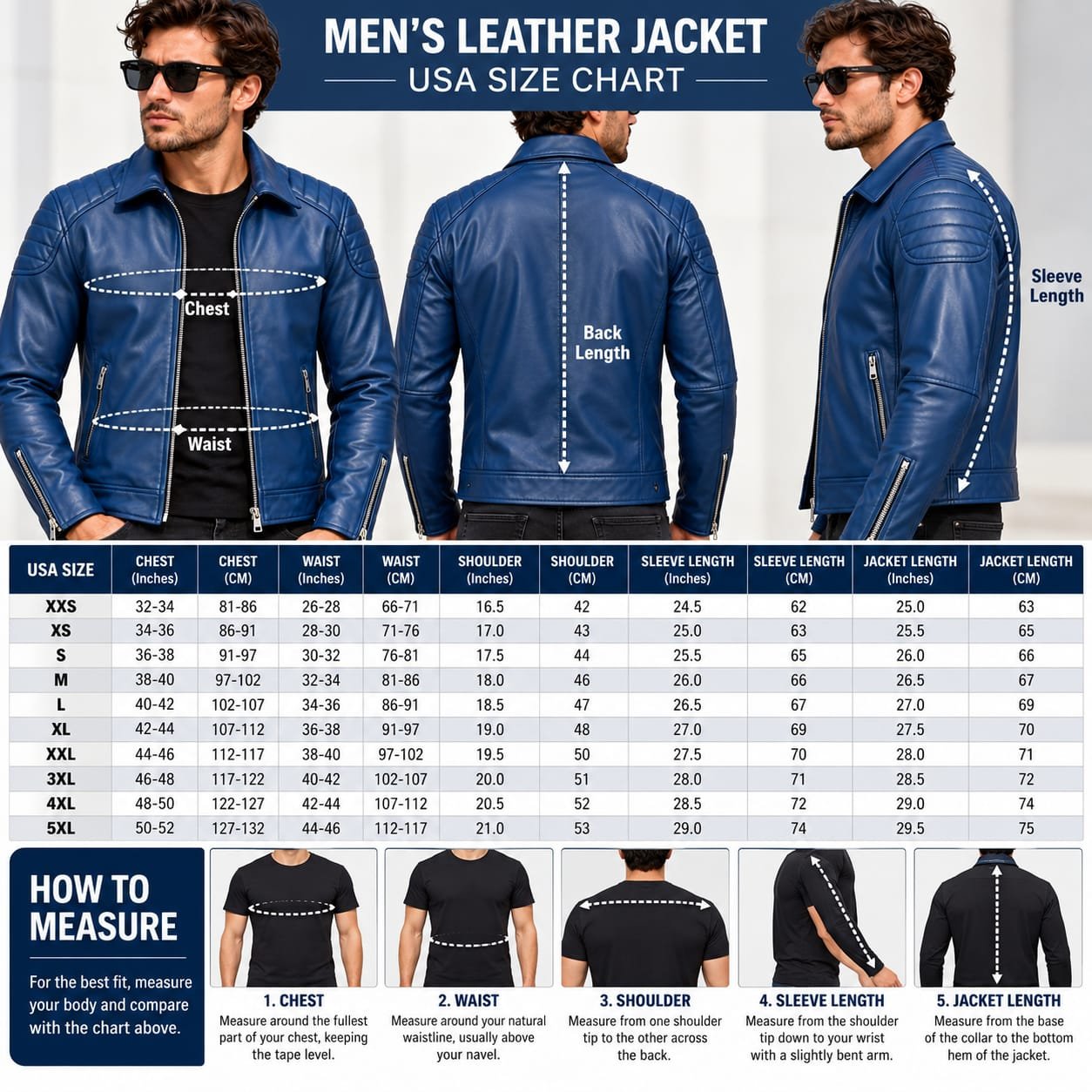 Men’s blue leather biker jacket with quilted shoulder detailing