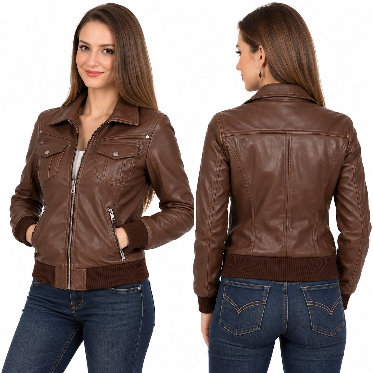 Women’s brown leather bomber jacket front and back view