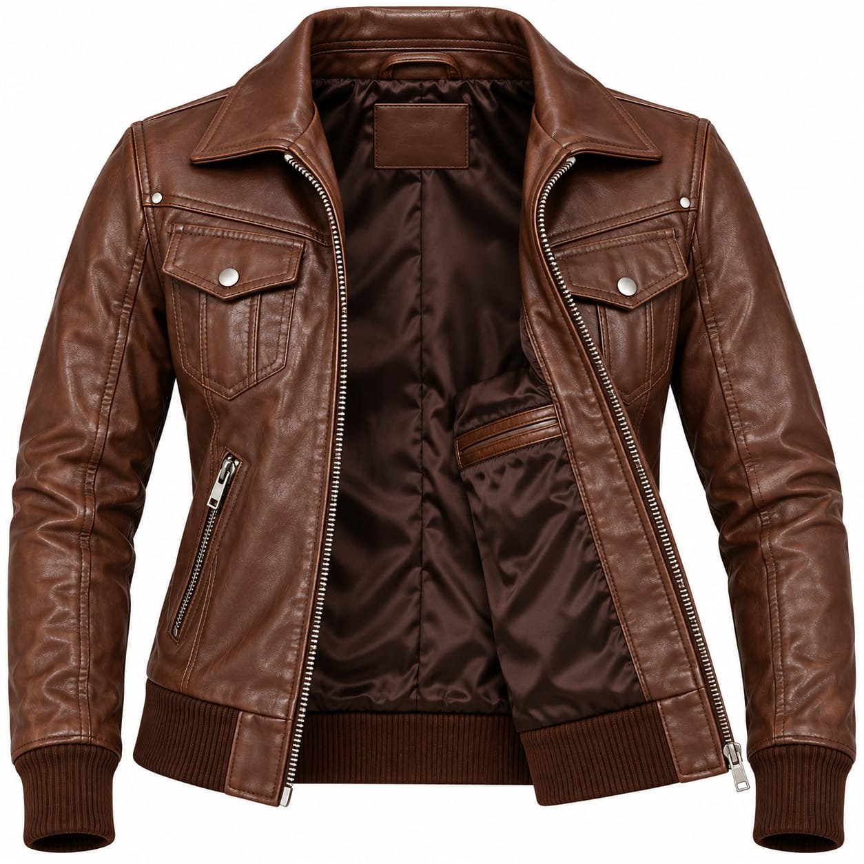 Women’s brown leather bomber jacket front and back view