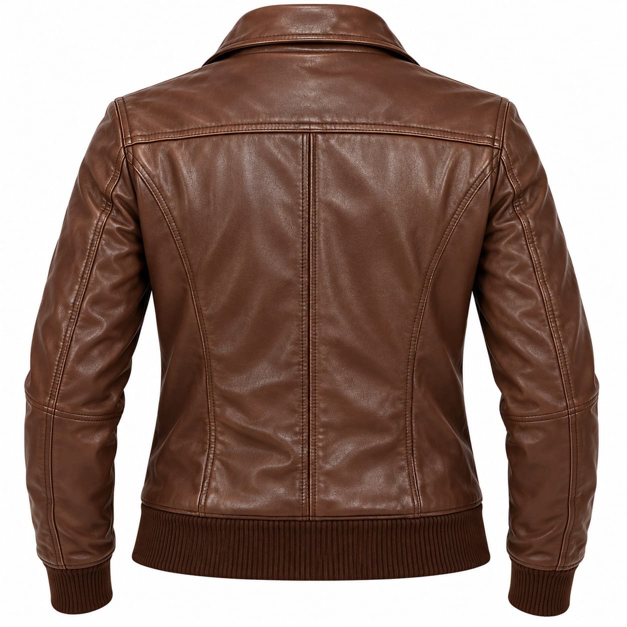 Women’s brown leather bomber jacket front and back view