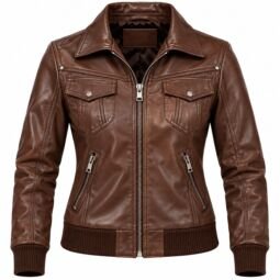 Women’s brown leather bomber jacket front and back view