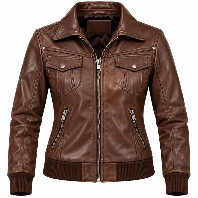 Women’s brown leather bomber jacket front and back view