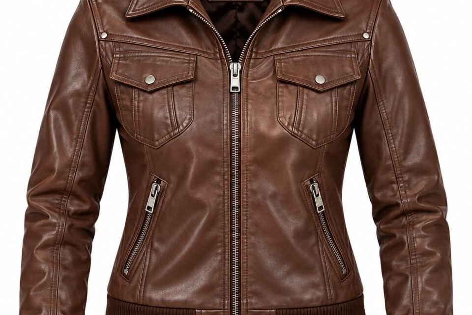 Women’s brown leather bomber jacket front and back view