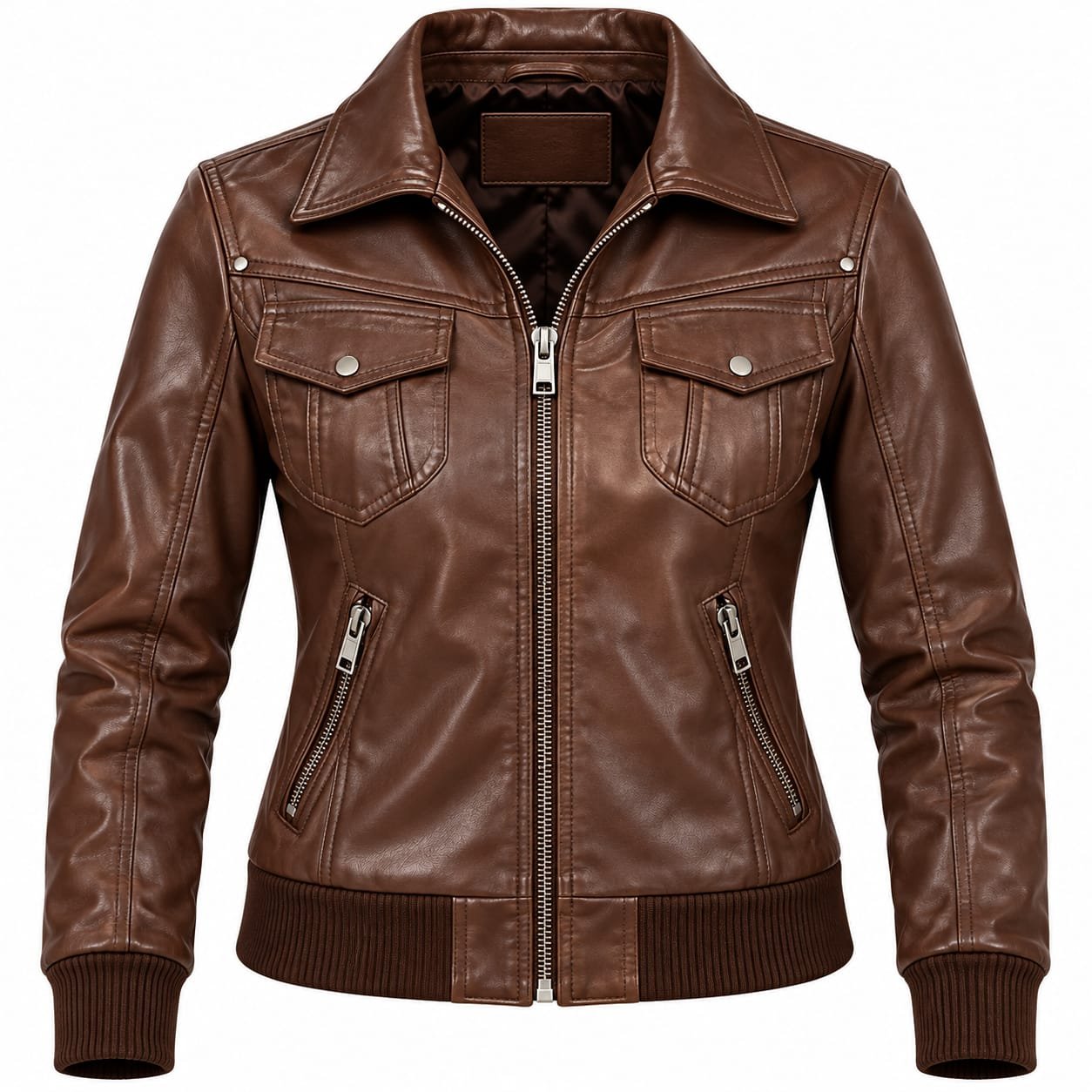 Women’s brown leather bomber jacket front and back view