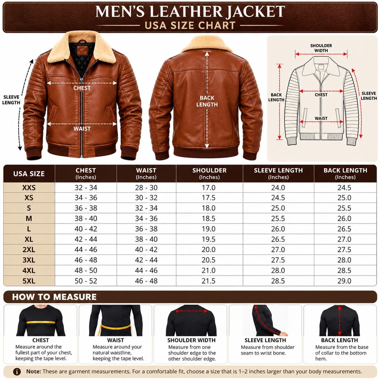 Men's brown leather shearling jacket with fur collar and zip closure