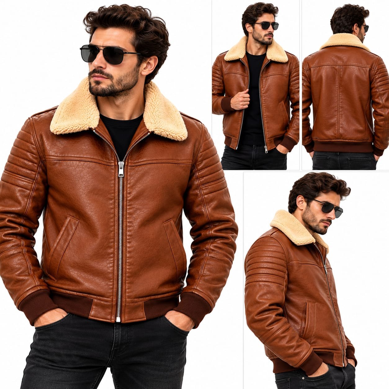 Brown men's shearling leather winter jacket