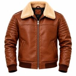 Men's brown leather shearling jacket with fur collar and zip closure