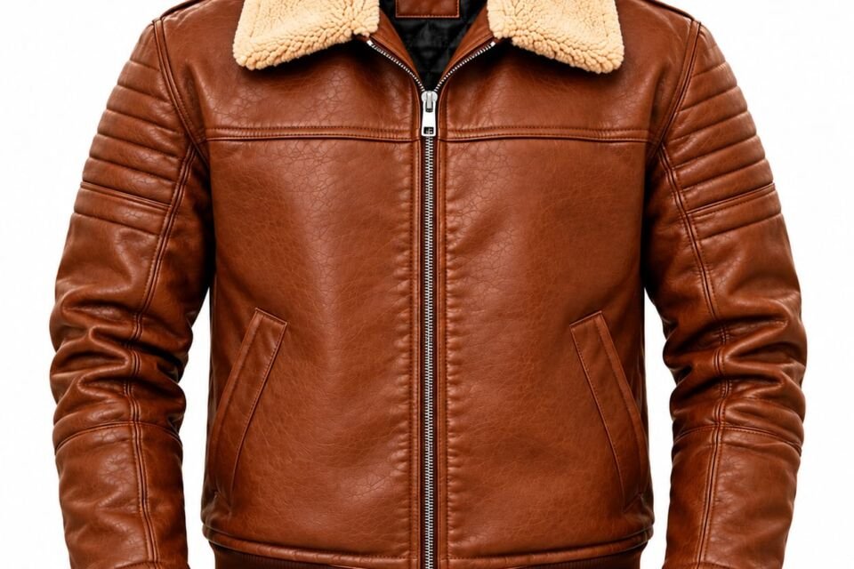 Men's brown leather shearling jacket with fur collar and zip closure