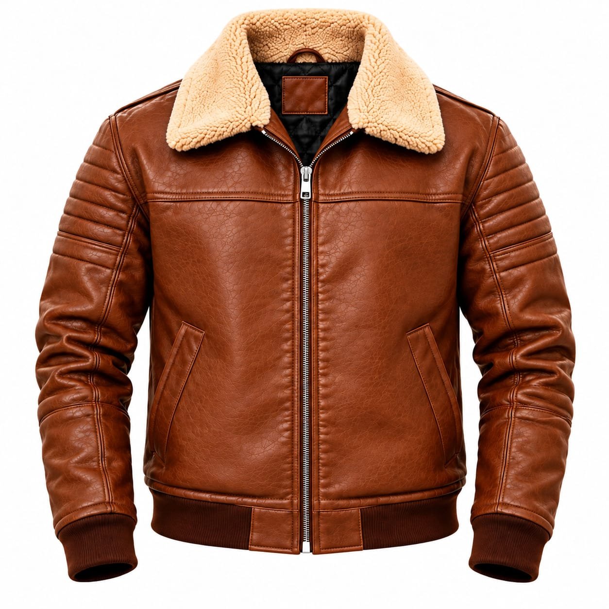 Men's brown leather shearling jacket with fur collar and zip closure
