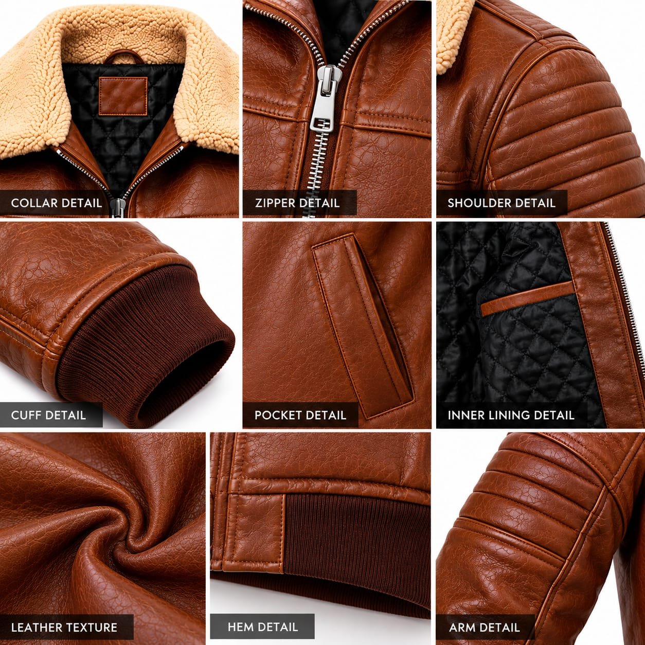Brown men's shearling leather winter jacket