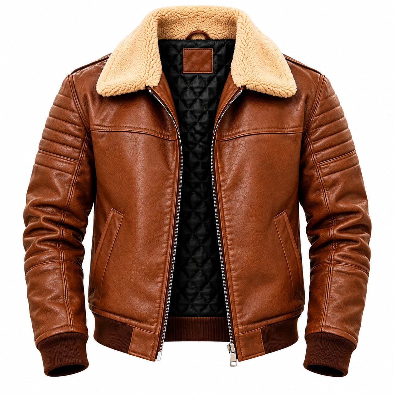 Men’s Brown Shearling Leather Jacket with Fur Collar | Winter Aviator Bomber - Image 2