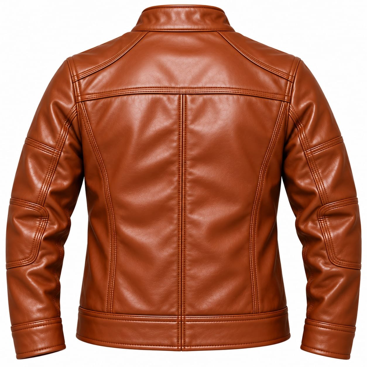 Men's brown leather jacket with stand collar, front zipper and multiple zip pockets